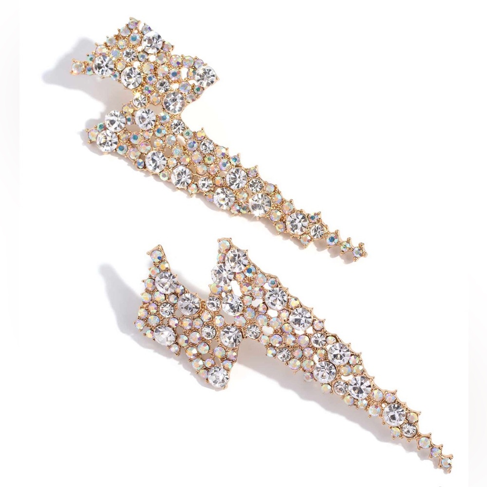 Gold Lightening Bolt Earrings with White & Iridescent Rhinestones - Picture 2 of 3